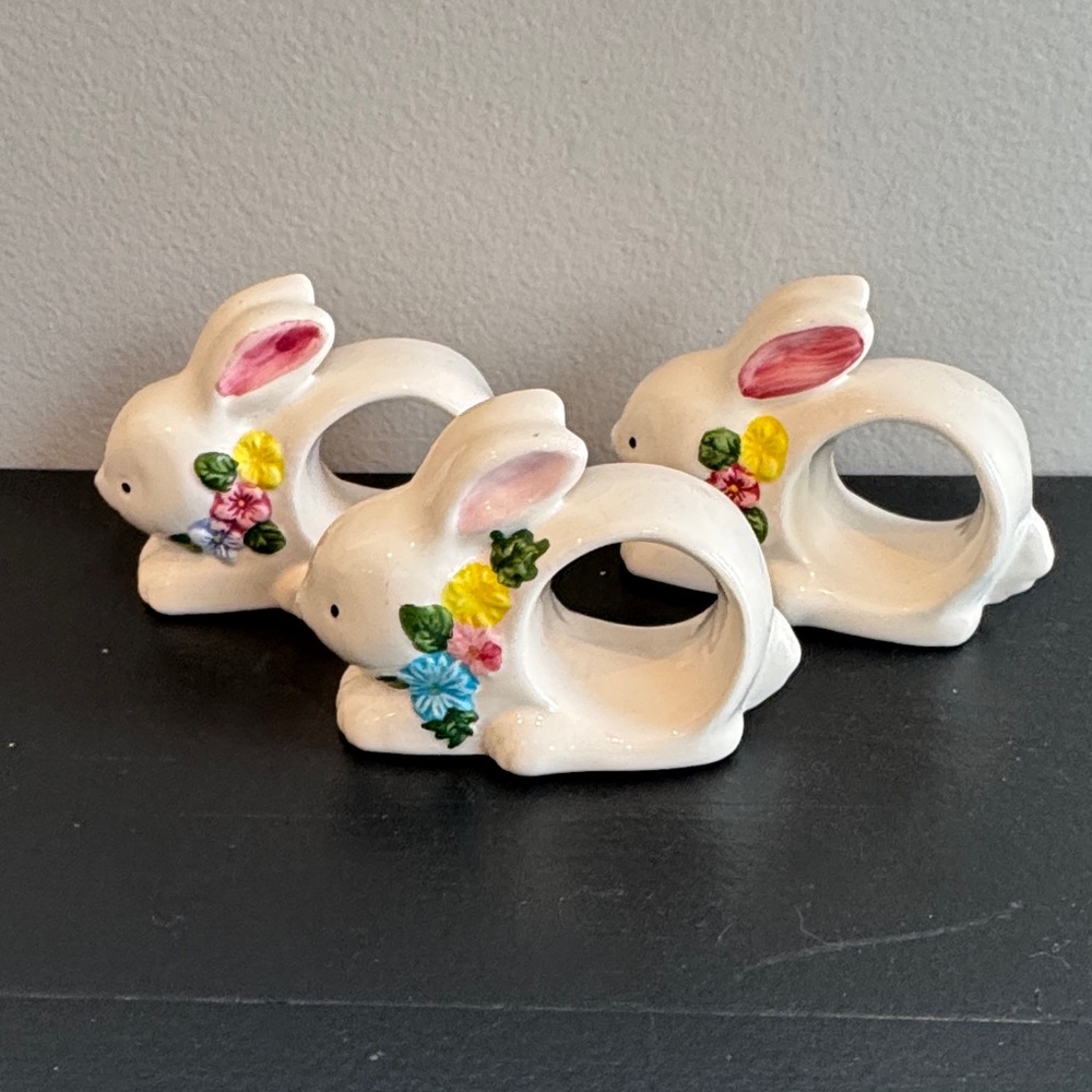 Vintage Ceramic Easter Bunny Napkin Rings with Pink Ear & Floral Accents